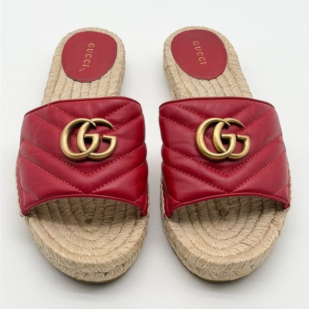 Gucci Pilar GG Marmont Leather Espadrille Slide Sandals Red Matelassé EU 38 US 8 - Picture 2 of 12